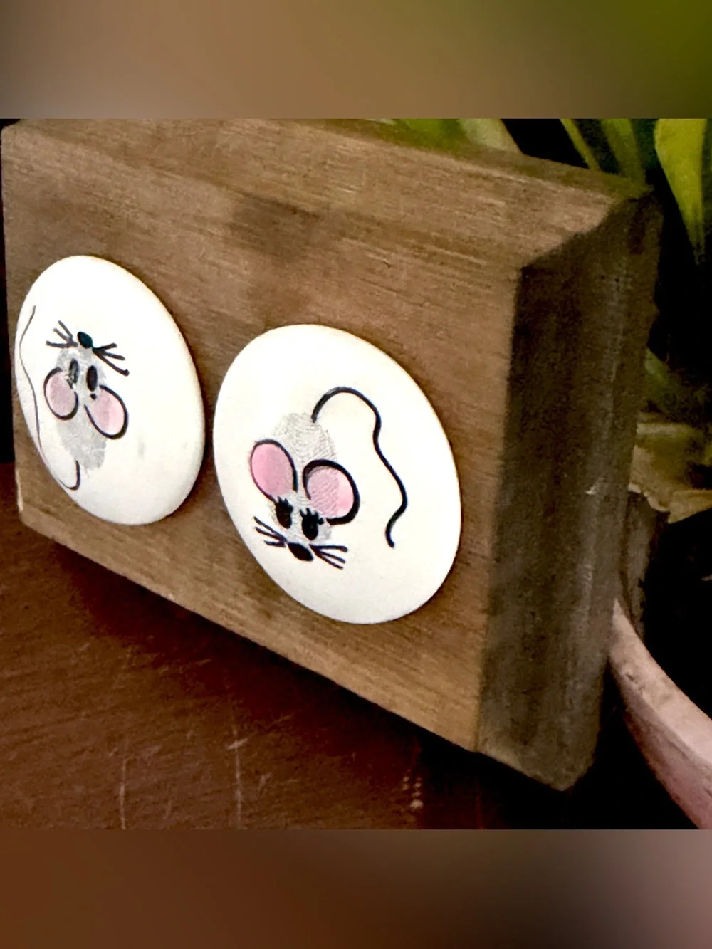 Vintage Mice Thumbprint Mouse Cute Mini Wood Wall Hanging Plaque Handmade 4x3”